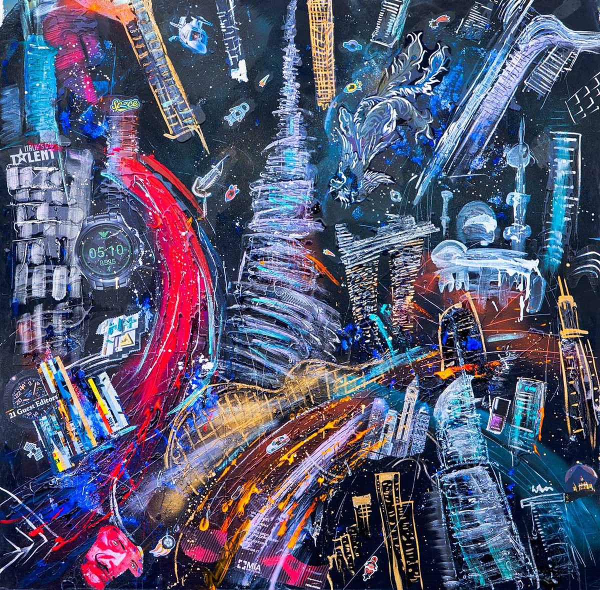 FullArt Dubai Chaos - Premium Colorful Signed Unisex Foulard - 140X140cm