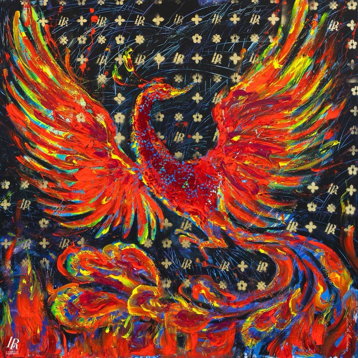 FullArt Fire Bird - Premium Colorful Signed Unisex Foulard - 140X140cm