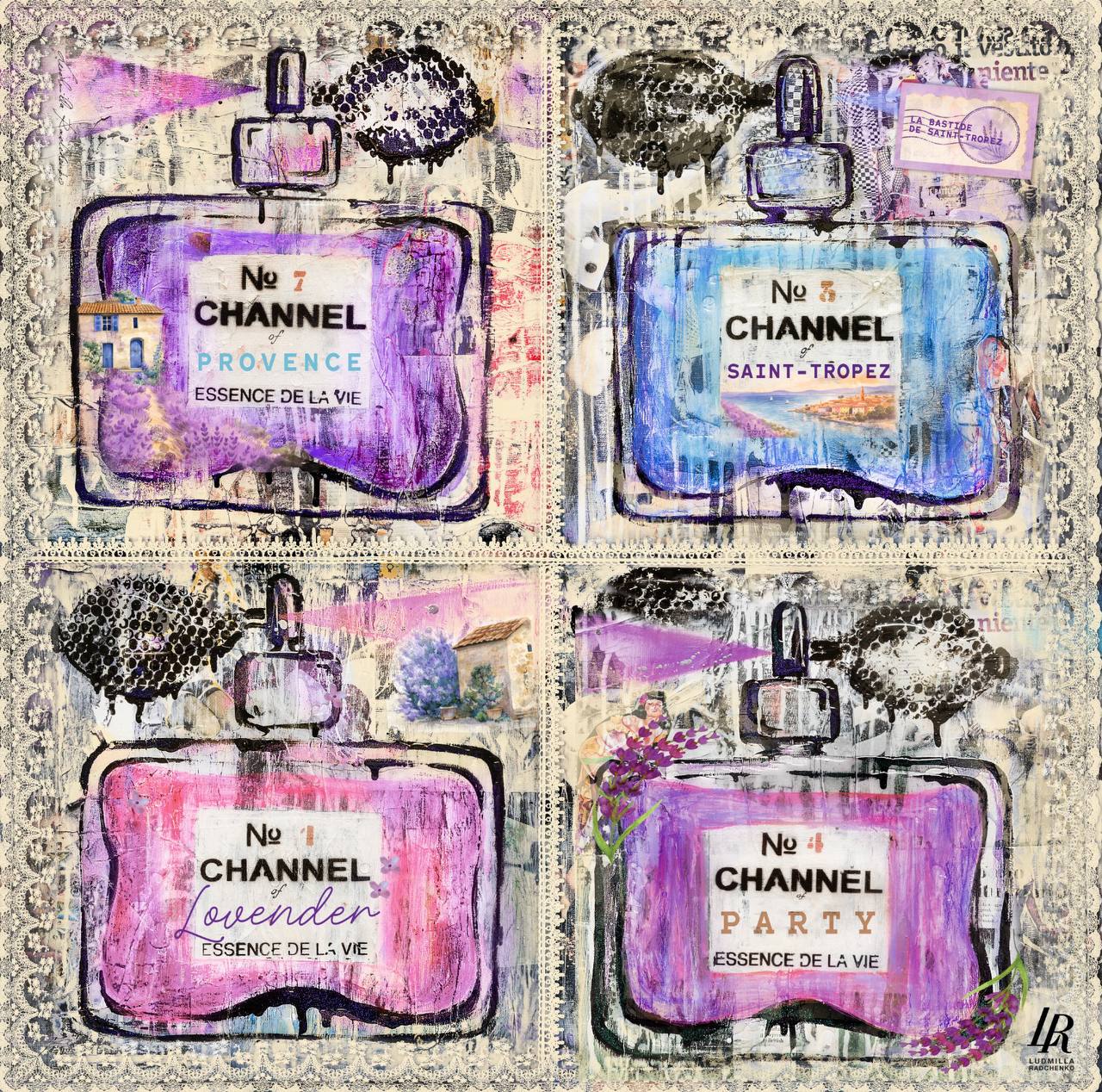 FullArt Channel Of Lavender Saint-Tropez - Multiple Art print scarf 140X140, art-to-wear, limited edition