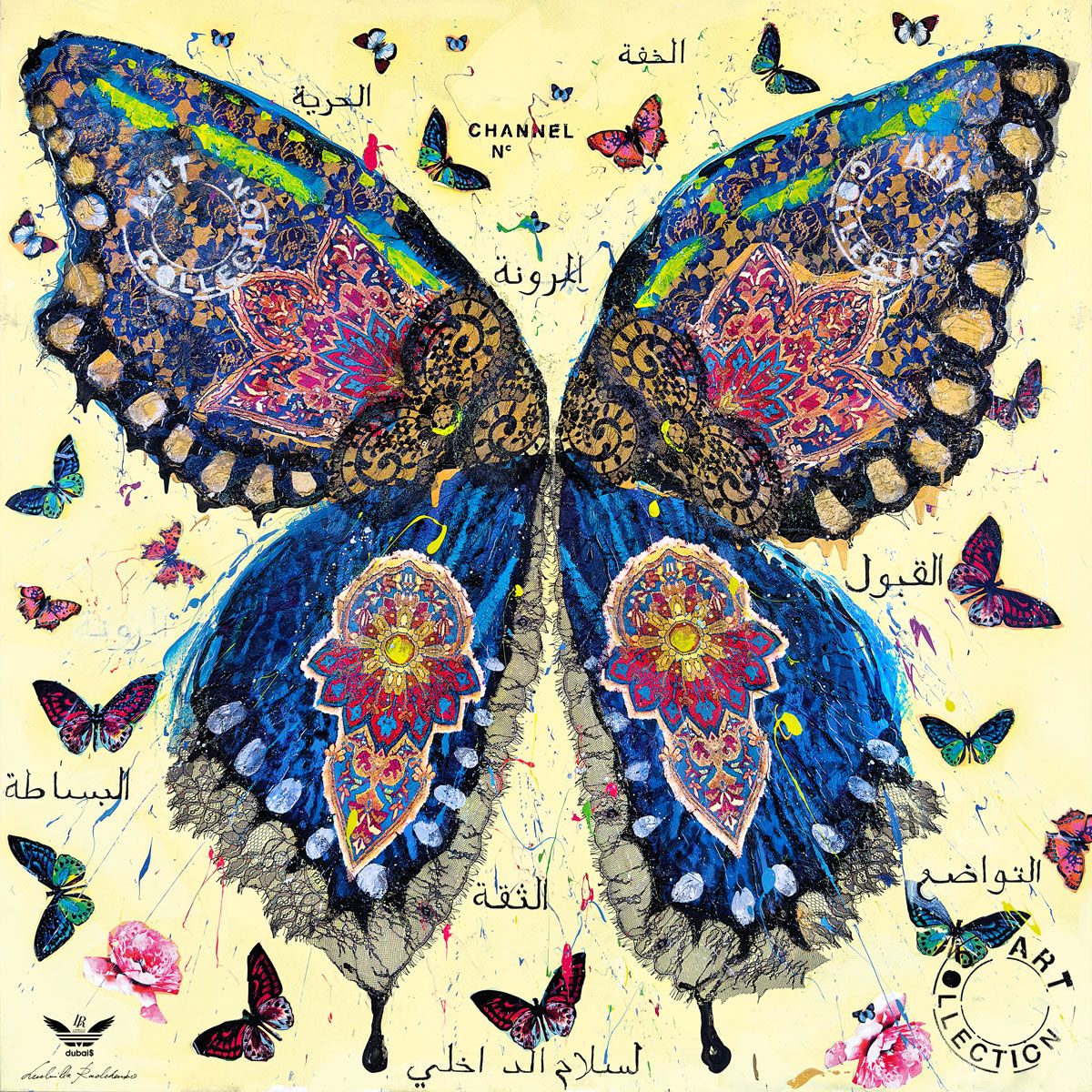 Fullart "BUTTERFLY LIGHT TIME" FullArt, multiple art print scarf on cashmere and silk 140X140