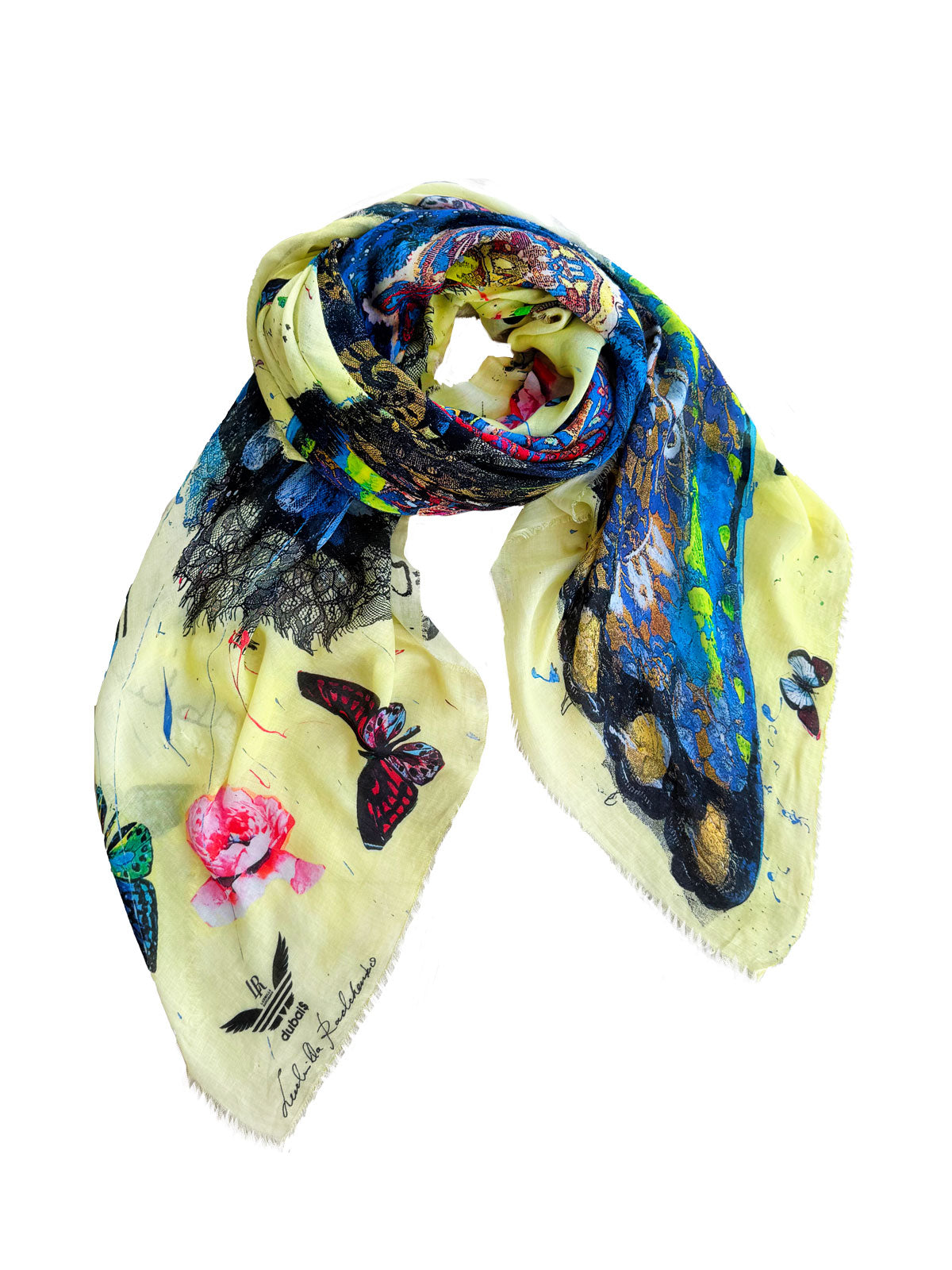 Fullart "BUTTERFLY LIGHT TIME" FullArt, multiple art print scarf on cashmere and silk 140X140