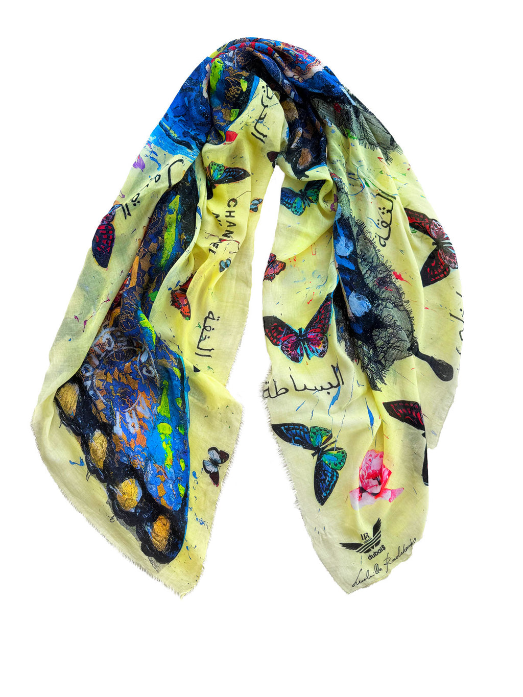 Fullart "BUTTERFLY LIGHT TIME" FullArt, multiple art print scarf on cashmere and silk 140X140