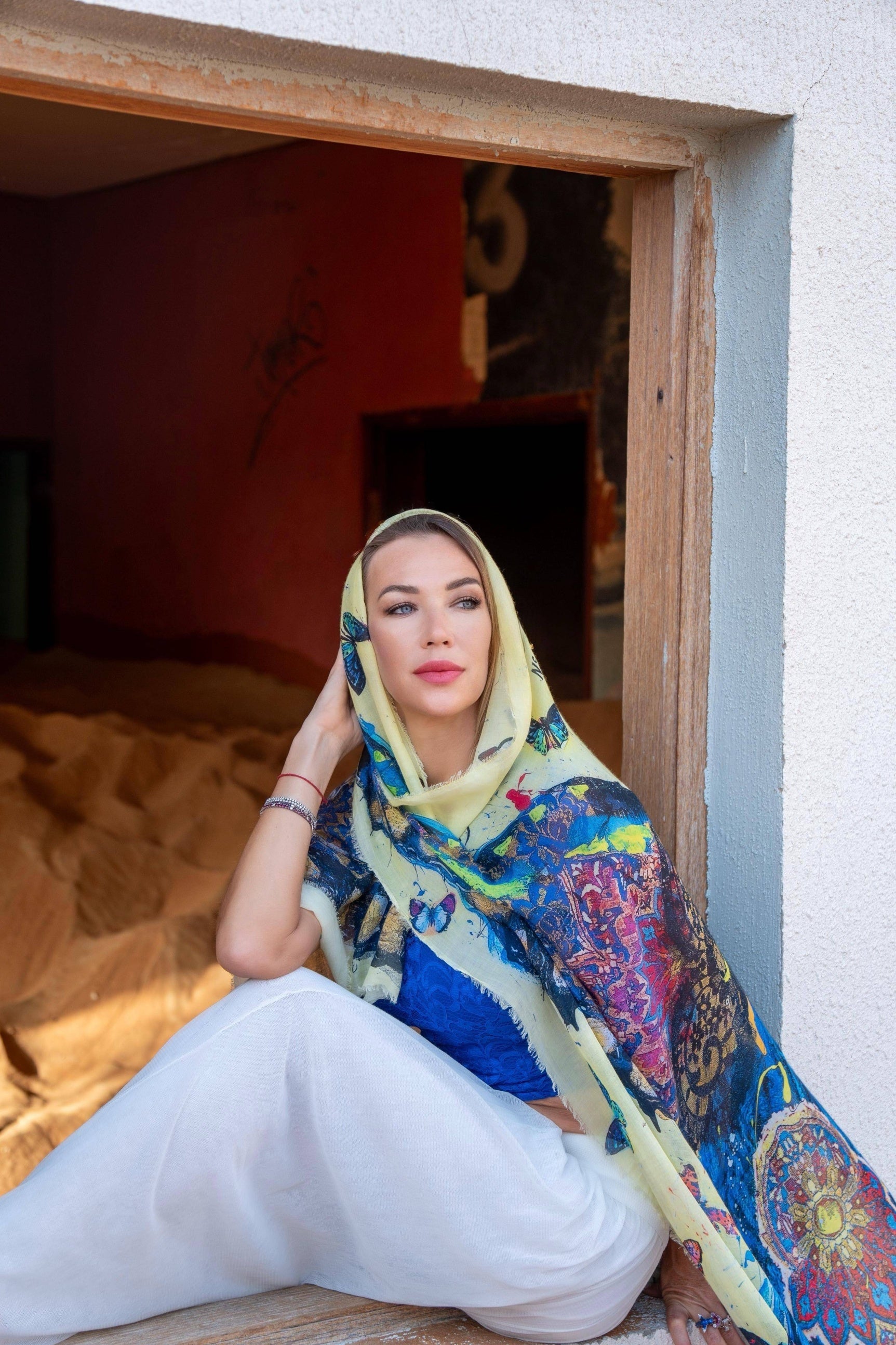 Fullart "BUTTERFLY LIGHT TIME" FullArt, multiple art print scarf on cashmere and silk 140X140