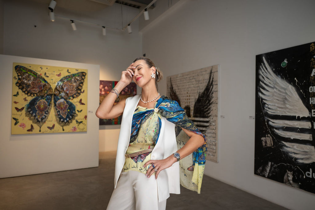 Fullart "BUTTERFLY LIGHT TIME" FullArt, multiple art print scarf on cashmere and silk 140X140