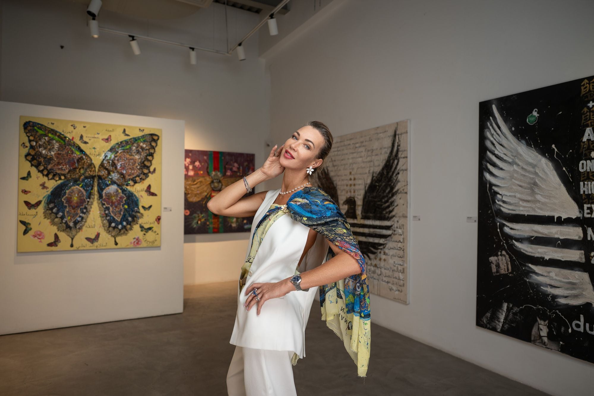 Fullart "BUTTERFLY LIGHT TIME" FullArt, multiple art print scarf on cashmere and silk 140X140