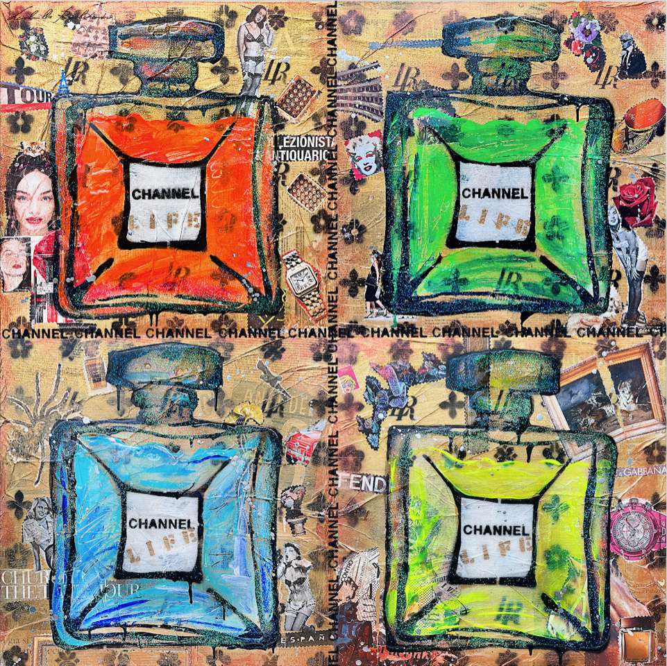 FullArt Gold Channel Of Life - Multiple Art print scarf 140X140, art-to-wear, limited edition