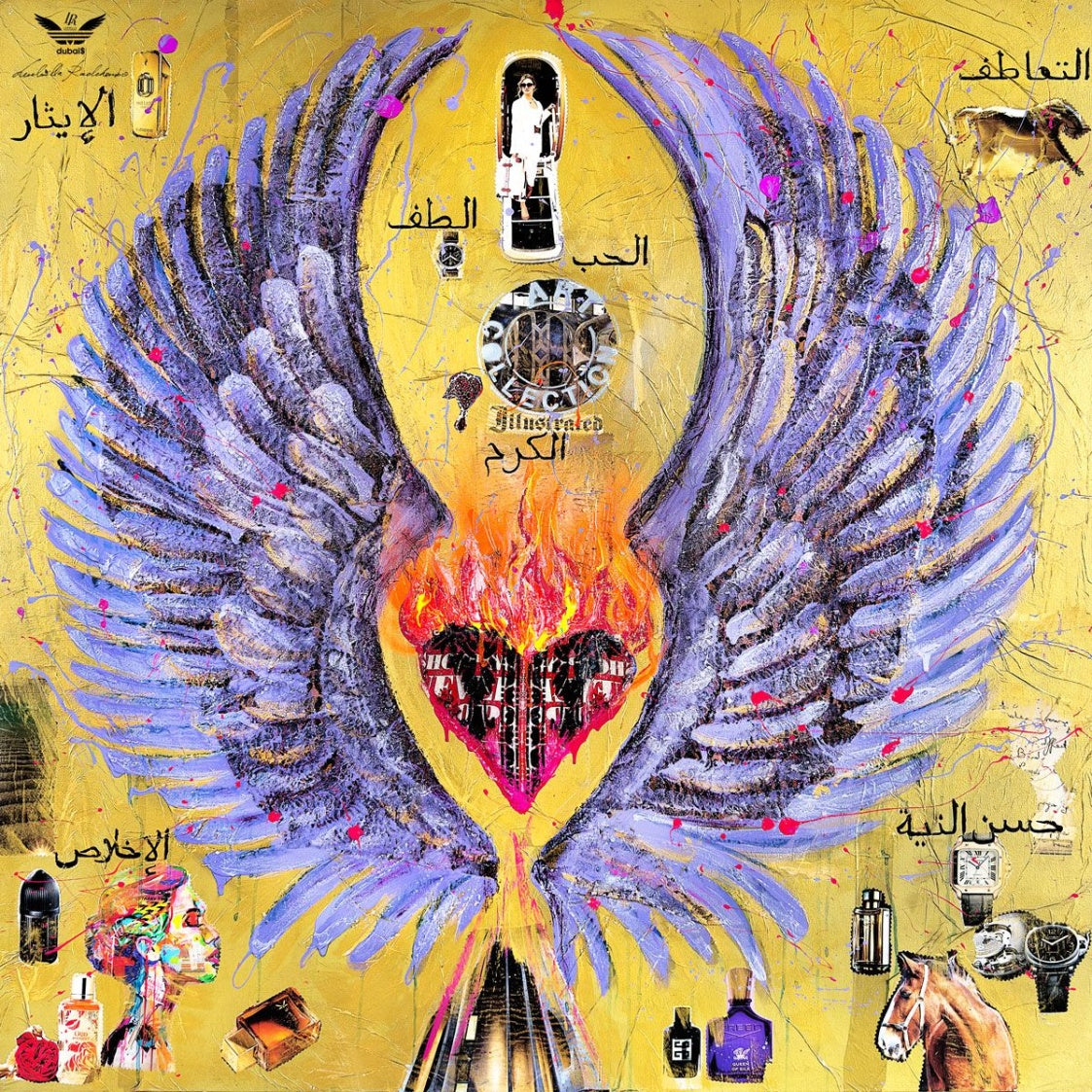 Fullart "GOLD GENEROSITY" FullArt, multiple art print scarf on cashmere and silk 140X140