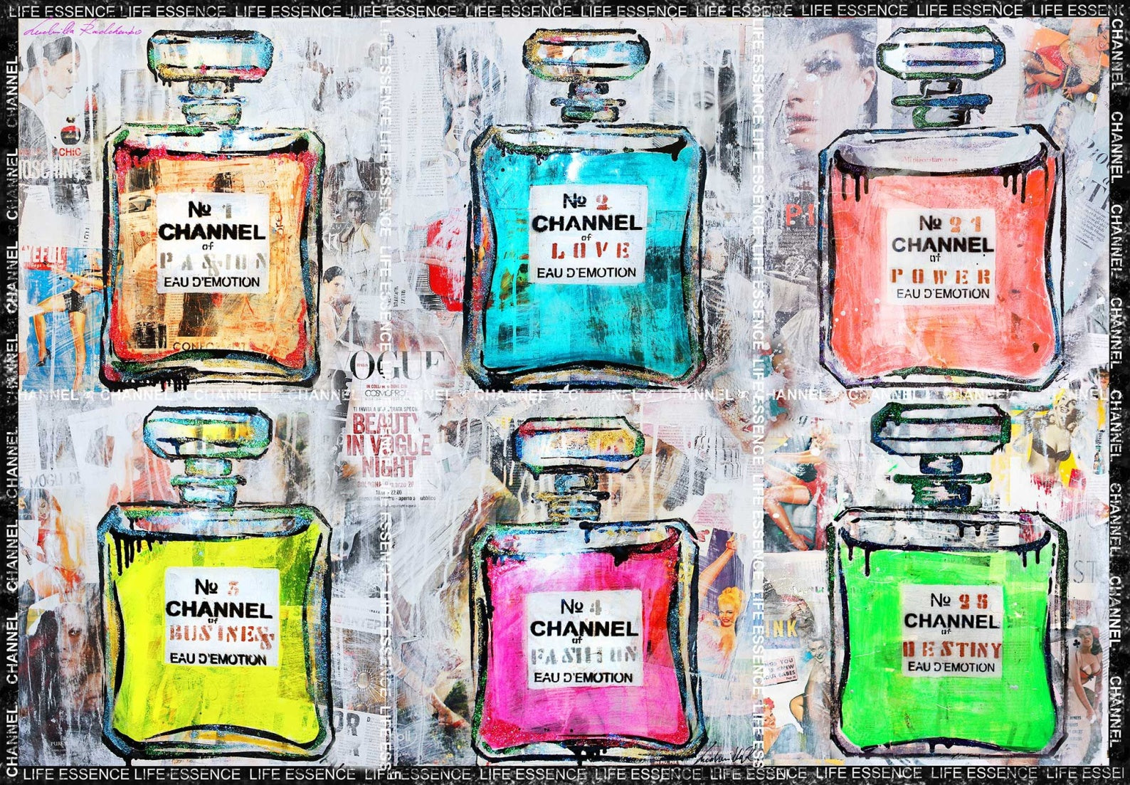 FullArt Life Essence Channel - Art Multiple Print Scarf 200X140, Art to Wear, Limited Edition