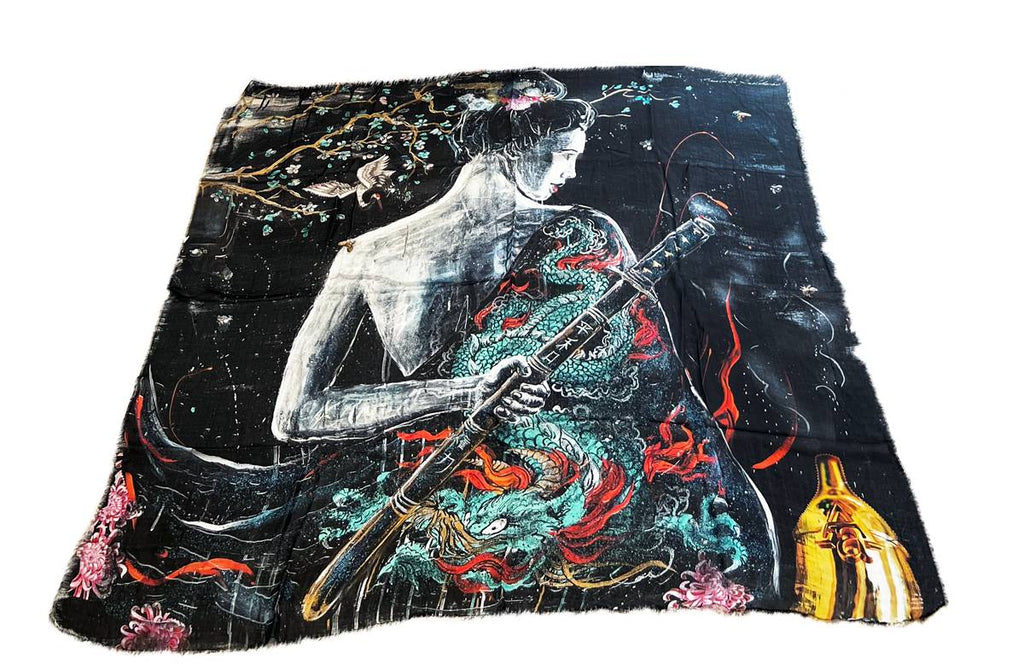 FullArt Night Samurai - Art Multiple Print Scarf 200X140, Art to Wear, Limited Edition