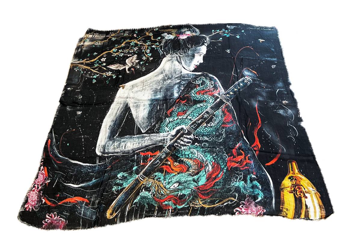 FullArt Night Samurai - Art Multiple Print Scarf 200X140, Art to Wear, Limited Edition
