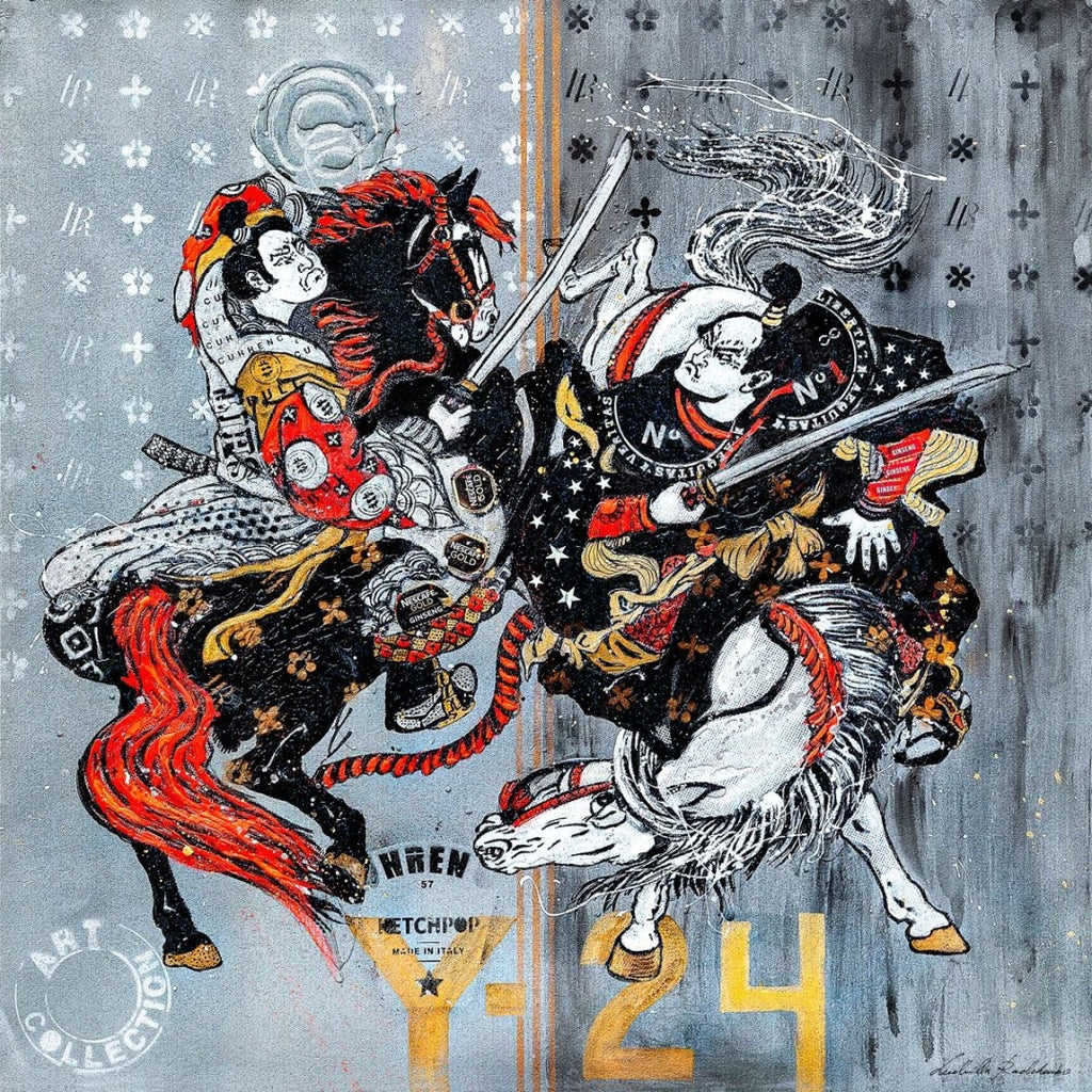 FullArt Samurai Fighting, Brand Revolution - Art Multiple Print Scarf on Cashmere & Silk 140X140, Limited Edition