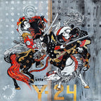 FullArt Samurai Fighting, Brand Revolution - Art Multiple Print Scarf on Cashmere & Silk 140X140, Limited Edition
