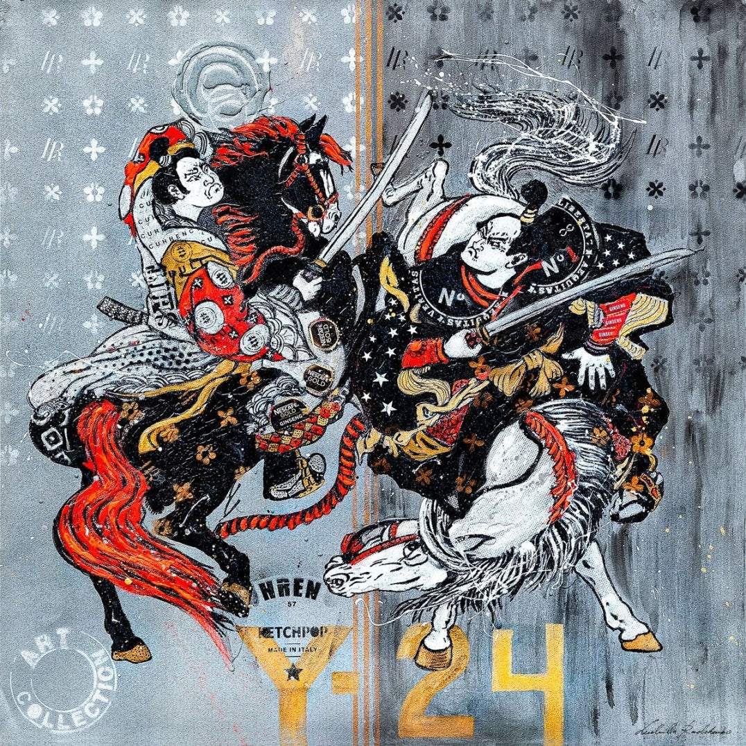 FullArt Samurai Fighting, Brand Revolution - Art Multiple Print Scarf on Cashmere & Silk 140X140, Limited Edition