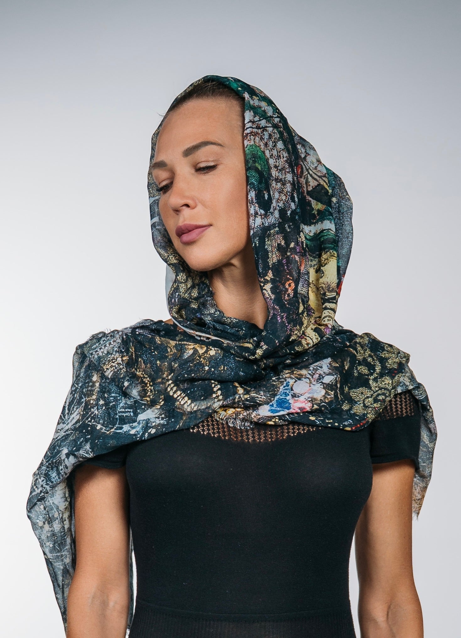 FullArt Black Luxury Hijab - Art Multiple Scarf 70X200, Art-to-Wear Meets Islamic Culture, Limited Edition