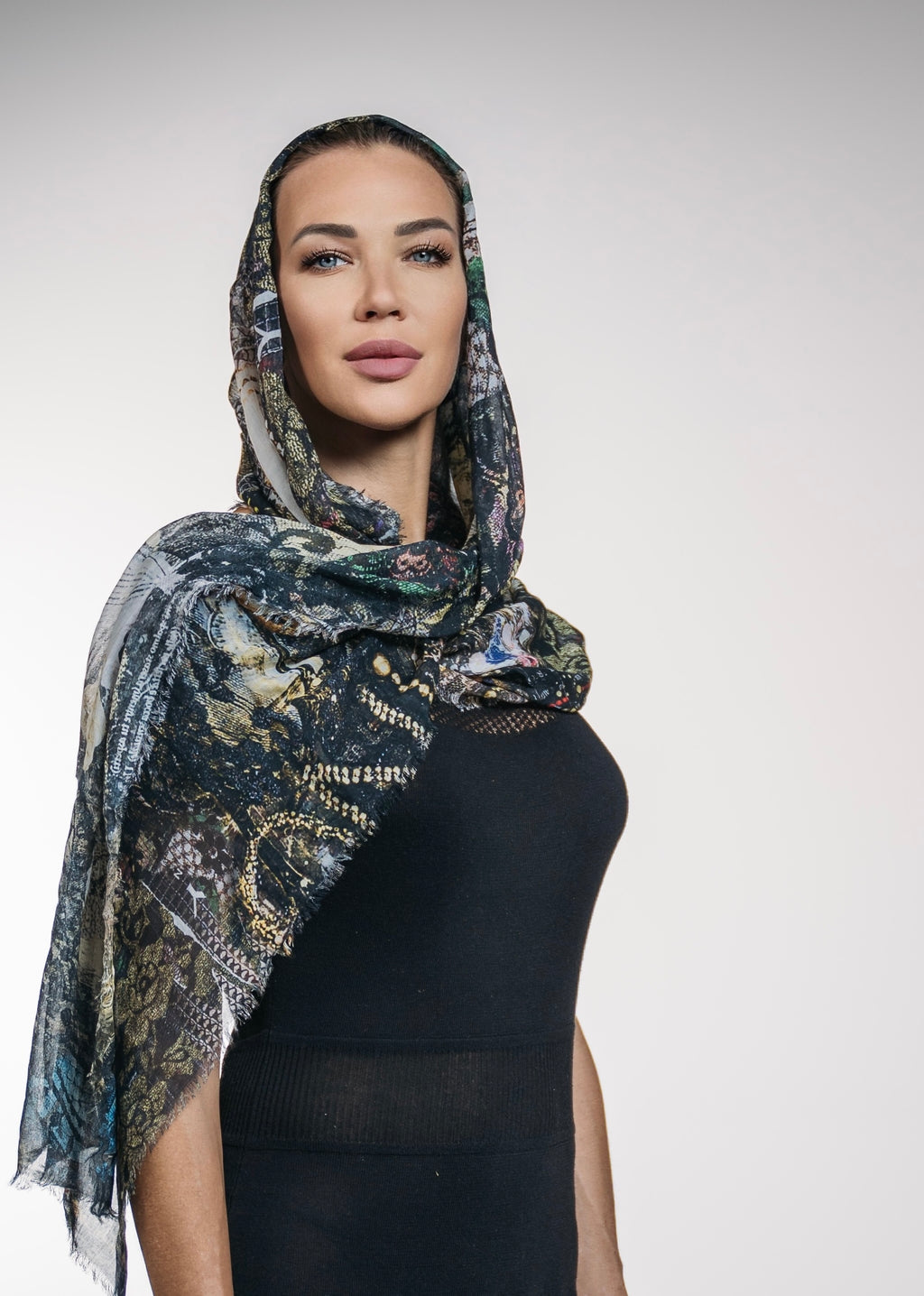FullArt Black Luxury Hijab - Art Multiple Scarf 70X200, Art-to-Wear Meets Islamic Culture, Limited Edition