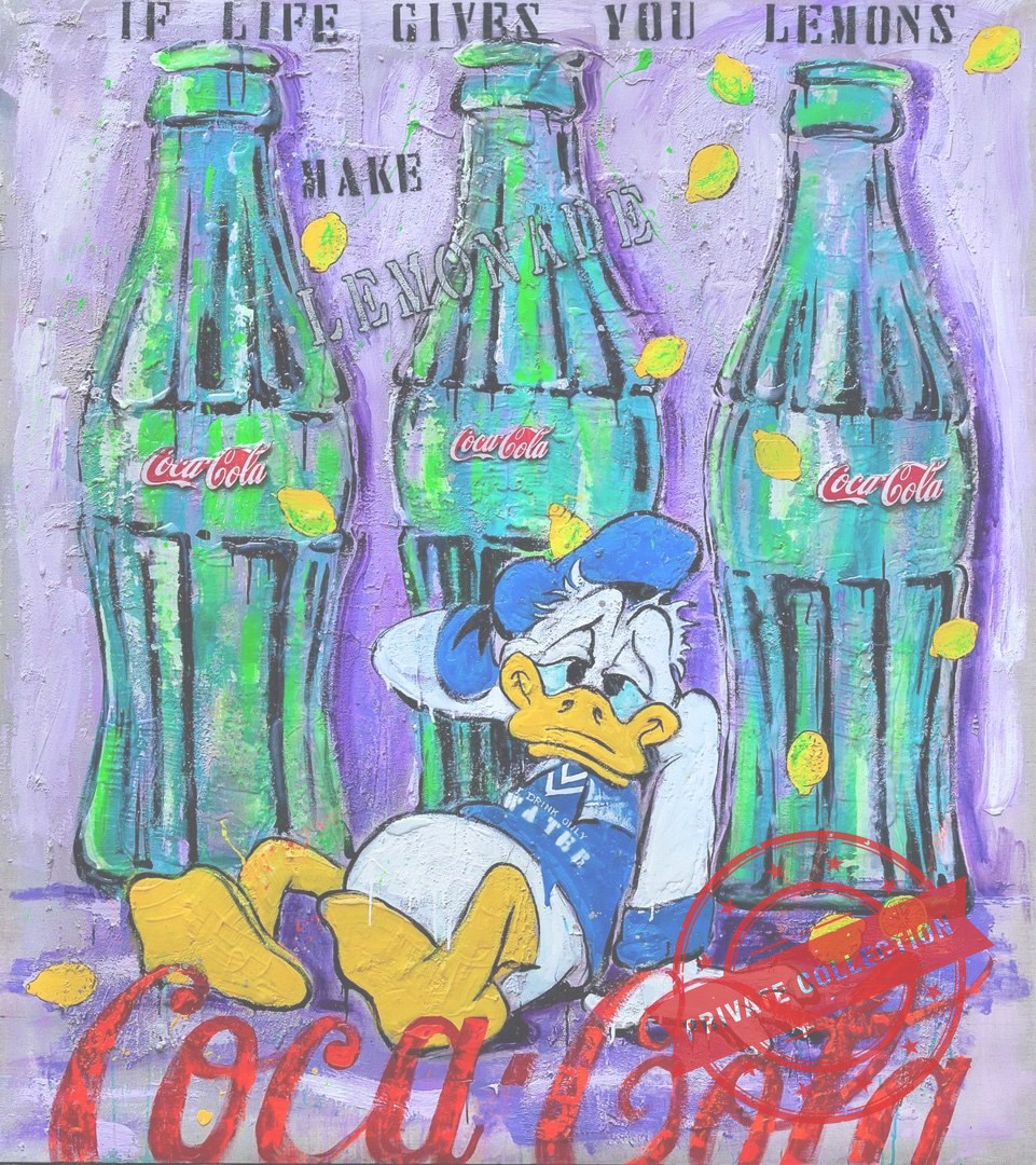 Art Work WRONG LEMONADE 160 X 140cm , Art Series ICONS RECYCLING 2022, unique piece · Private Collection (corner)