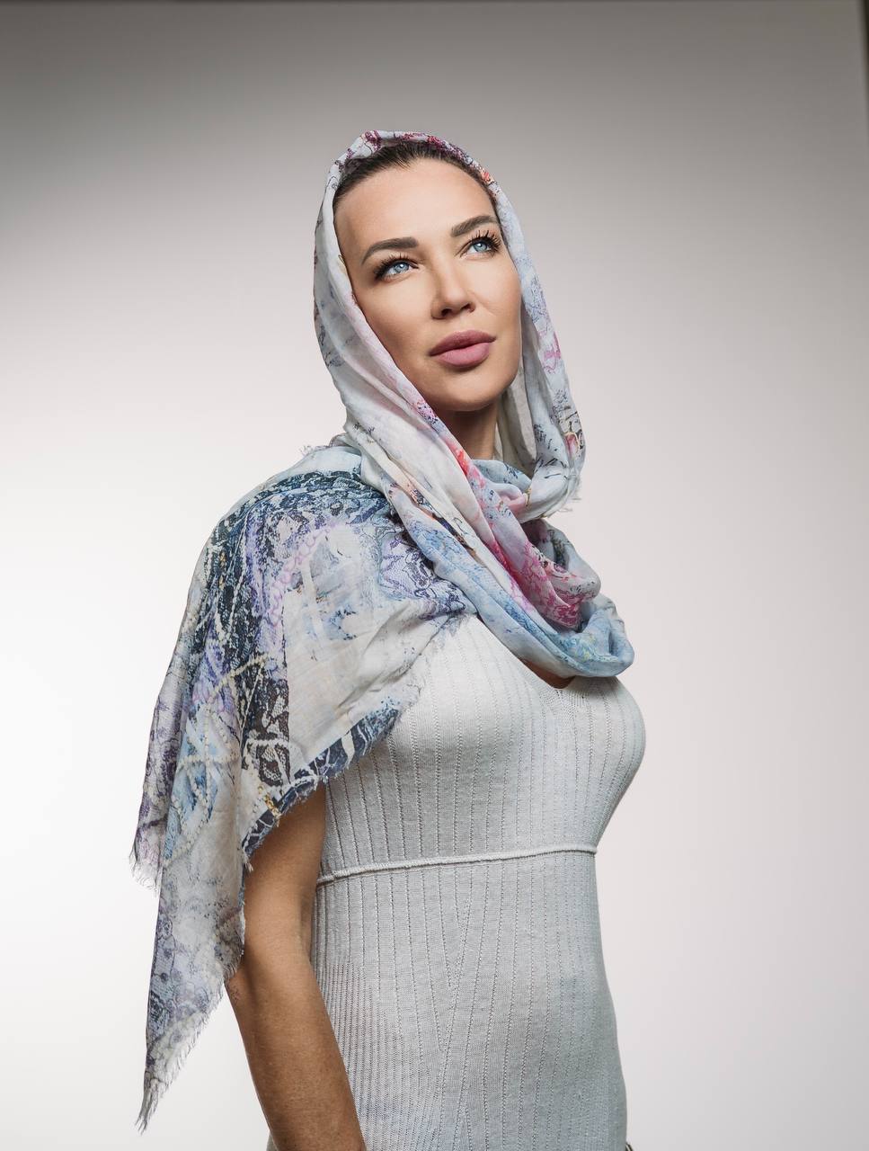 FullArt White Luxury Hijab - Art Multiple Print Scarf 70X200, Art-to-Wear Meets Islamic Culture, Limited Edition