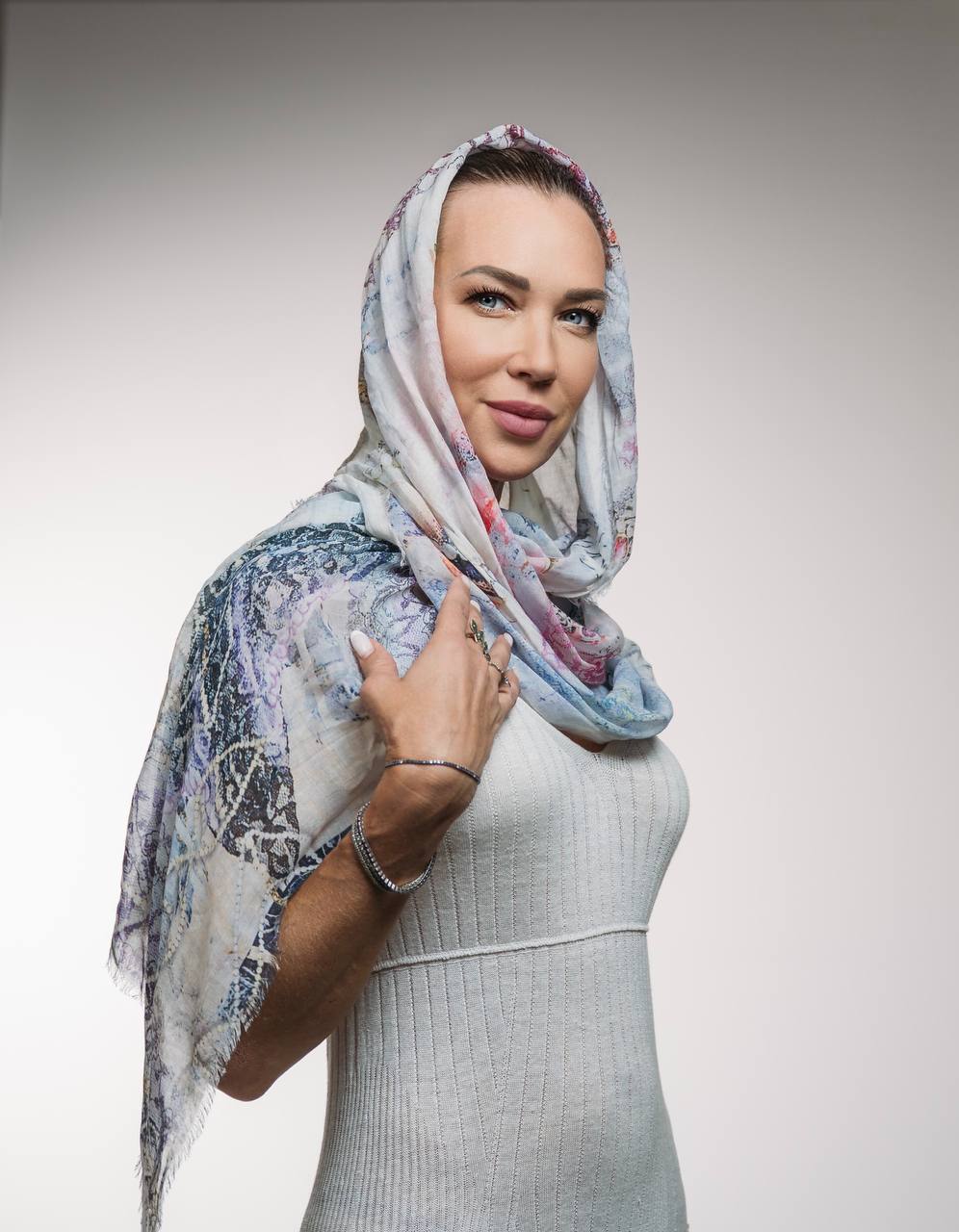 FullArt White Luxury Hijab - Art Multiple Print Scarf 70X200, Art-to-Wear Meets Islamic Culture, Limited Edition